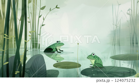 Two Friendly Frogs in a Lush Green Pond 124075232