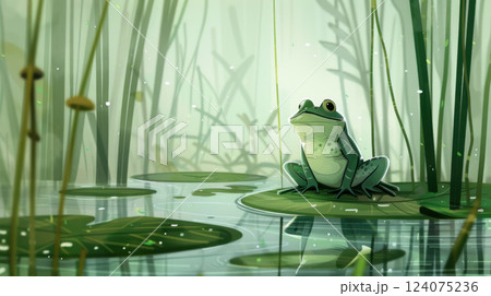 Bright-Eyed Frog Relaxing in Misty Wetland 124075236