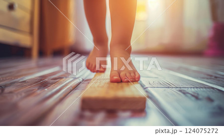 Kid Practicing Balance on Wooden Board 124075272