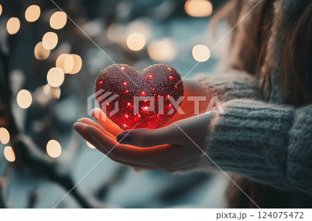 Red Heart Sparkling in Hands on Light Background 124075472