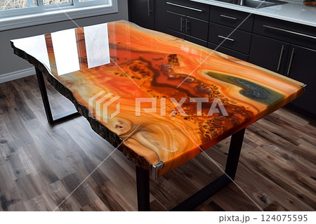 Unique epoxy resin wood table with a glossy finish in a modern kitchen. Natural wood grain and vibrant resin 124075595