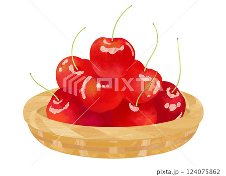 水彩風のカゴに盛られた さくらんぼのイラスト素材 124075862