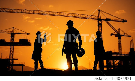 Silhouette of Construction Workers on Scaffolding at Sunset | Industrial Engineering Concept. Silhouette of Construction Workers on Scaffolding at Sunset | Industrial Engineering Concept. 124075971