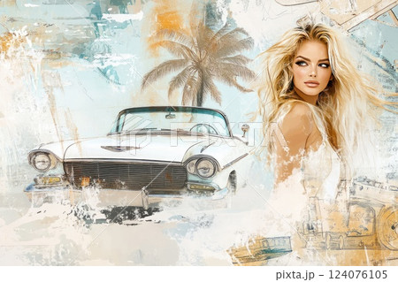 Vintage car by palm trees with a stylish woman enjoying a sunny day at the beach 124076105