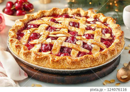 Delicious cherry pie with a golden lattice crust displayed on a wooden board during a festive setting Delicious cherry pie with a golden lattice crust displayed on a wooden board during a festive setting 124076116