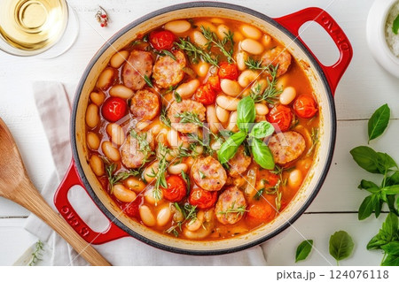 Delicious sausage and white bean stew prepared in a red pot with fresh herbs and tomatoes Delicious sausage and white bean stew prepared in a red pot with fresh herbs and tomatoes 124076118