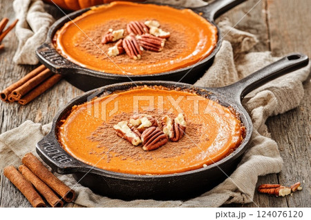 Delicious pumpkin pie topped with pecans served in cast iron skillets on a rustic wooden table Delicious pumpkin pie topped with pecans served in cast iron skillets on a rustic wooden table 124076120