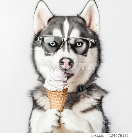 Cool husky wearing sunglasses enjoys an ice cream cone on a bright sunny day Cool husky wearing sunglasses enjoys an ice cream cone on a bright sunny day 124076125