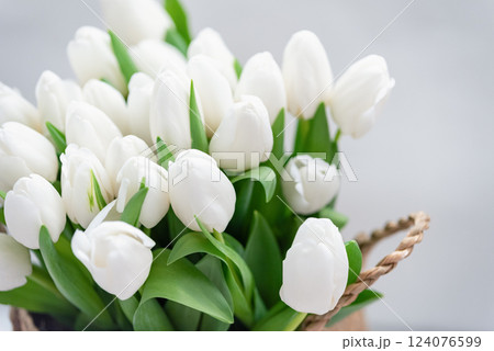Mothers day, Valentines Day, Birthday celebration concept. Greeting card. Beautiful Bouquet of white delicate tulips. Copy space. Spring background. March 8, International Womens Day 124076599