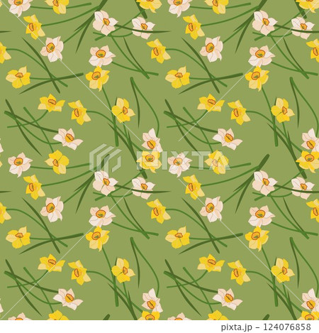 Seamless pattern with daffodils on green background. Vector yellow and white spring flowers, Mother's Day gift. Colorful flat vector illustration for wedding decoration. Narcissus illustration. 124076858
