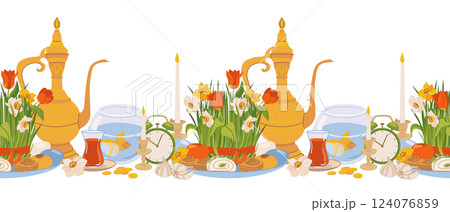 Seamless pattern for International Day of Nowruz. Iranian New Year is a holy day and religious holiday of Zoroastrians and Baha'is. Mirror, green grass, sweets, candles, vinegar, flowers. Flat vector. 124076859