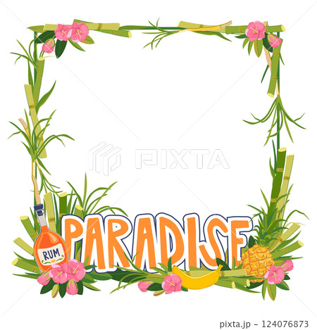 Vector square frame. Template for decoration Cruise vacation on a tropical island. Composition with a bottle of rum, pineapple, banana and flowers and a place for text. Paradise vacation. Summer party 124076873
