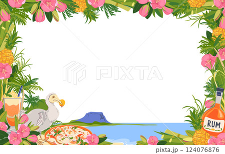 Vector horizontal frame. Panoramic view of Mauritius island beach and Le Morne Brabant mountain. Dodo bird, trochetia boutoniana flowers, pineapple, rum, cocktail in flat style. Tropical paradise Vector horizontal frame. Panoramic view of Mauritius island beach and Le Morne Brabant mountain. Dodo bird, trochetia boutoniana flowers, pineapple, rum, cocktail in flat style. Tropical paradise 124076876