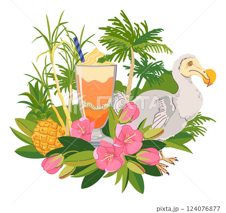 Vector sticker with refreshing cocktail, pineapple and flowers, Dodo bird. Tropical paradise. Ice cream illustration for beach bar menu. Cruise vacation, summer holidays, party, cafe, vacation. Vector sticker with refreshing cocktail, pineapple and flowers, Dodo bird. Tropical paradise. Ice cream illustration for beach bar menu. Cruise vacation, summer holidays, party, cafe, vacation. 124076877