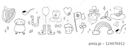 Saint Patrick Day elements decoration doodle border line traditional decorations. Rainbow, harp, coins and lucky clover. Saint Patrick Day elements decoration doodle border line traditional decorations. Rainbow, harp, coins and lucky clover. 124076912