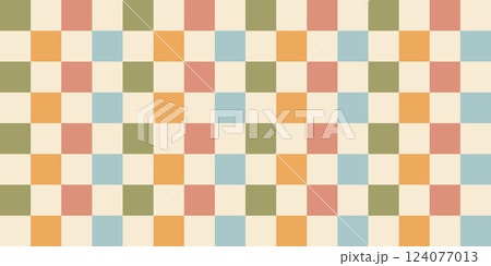 Retro checkered pattern in pastel colors. Vintage geometric background with colorful squares. Nostalgic design for textiles, wallpapers, packaging, and interior decor Retro checkered pattern in pastel colors. Vintage geometric background with colorful squares. Nostalgic design for textiles, wallpapers, packaging, and interior decor 124077013