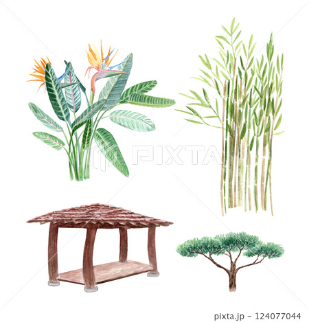 Bird of paradise plant, Korean pavilion, gazebo, bonsai, pine, bamboo watercolor set isolated on white. Hand drawn illustrations perfect as design elements for landscapes, cards, posters. Crane Bird of paradise plant, Korean pavilion, gazebo, bonsai, pine, bamboo watercolor set isolated on white. Hand drawn illustrations perfect as design elements for landscapes, cards, posters. Crane 124077044