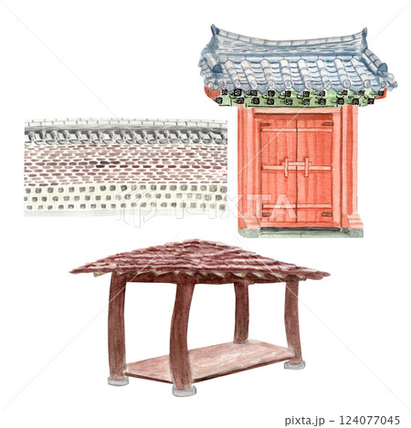 Asian style gates, pavilion, gazebo, wall watercolor set. Hand drawn illustrations perfect for cards, posters, landscape design, banners, wallpaper. Korean architecture, traditional. Tiled roof 124077045