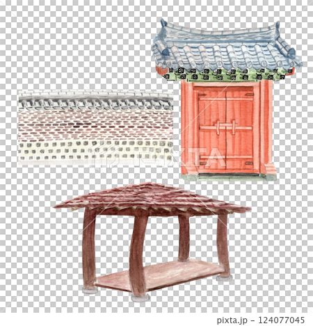 Asian style gates, pavilion, gazebo, wall watercolor set. Hand drawn illustrations perfect for cards, posters, landscape design, banners, wallpaper. Korean architecture, traditional. Tiled roof 124077045