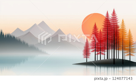 serene mountain lake at dusk with vibrant trees and setting sun 124077143