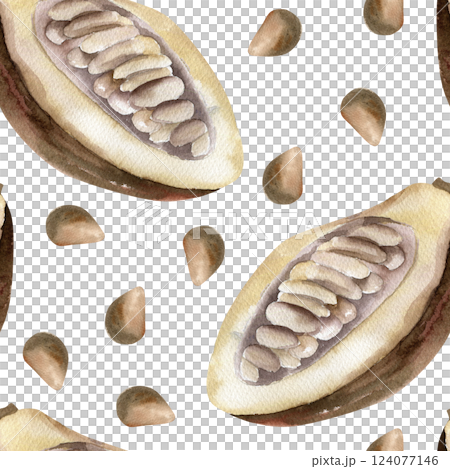 Coffee beans seamless pattern with watercolor coca pod and dried beans illustration. Organic food background, morning hot drink ingredient painting for packing ,wallpaper, textile design Coffee beans seamless pattern with watercolor coca pod and dried beans illustration. Organic food background, morning hot drink ingredient painting for packing ,wallpaper, textile design 124077146