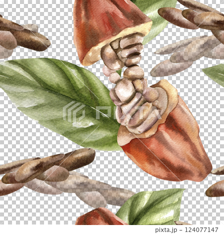 Coffee beans seamless pattern with watercolor pod with fresh beans and green leaves illustration. Hand drawn floral background with organic food for textile, fabric, cafe wallpaper design Coffee beans seamless pattern with watercolor pod with fresh beans and green leaves illustration. Hand drawn floral background with organic food for textile, fabric, cafe wallpaper design 124077147