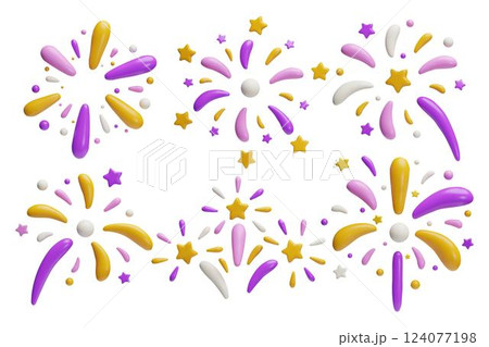 Sparkling light, sparkler 3D vector set, festive purple and yellow bang, firework explosion, bursting salute, stars Sparkling light, sparkler 3D vector set, festive purple and yellow bang, firework explosion, bursting salute, stars 124077198