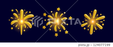 Sparkling light, shiny sparkler 3D vector set, festive gold glow bang firework explosion, bursting salute sparks on dark 124077199