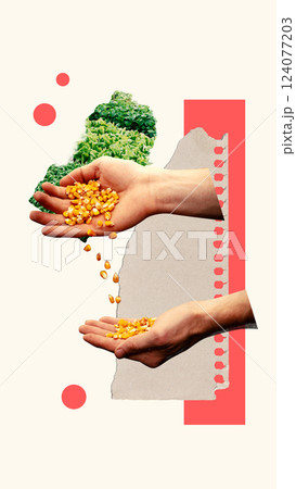Farmer with corn seeds, fresh green crops growing in background. Contemporary art collage. Concept of organic agriculture, organic food Farmer with corn seeds, fresh green crops growing in background. Contemporary art collage. Concept of organic agriculture, organic food 124077203