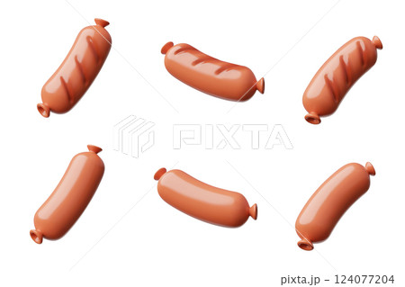 3d illustration of grilled and raw sausages set on isolated background. 3d illustration of grilled and raw sausages set on isolated background. 124077204