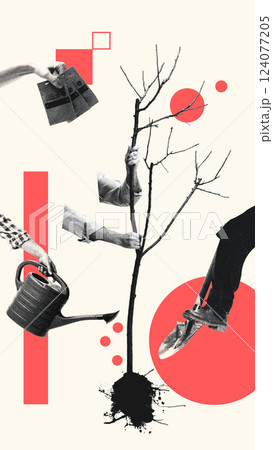 Multiple hands planting, watering, nurturing young tree, geometric patterns enhancing growth. Contemporary art collage. Farming, gardening 124077205