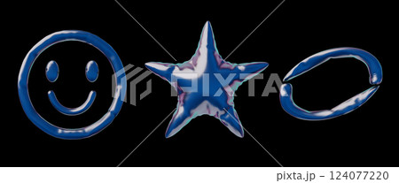 Metallic holographic smiley emoticon, star and ring from inflated balloon 3D cartoon vector set, volume blue foil symbol Metallic holographic smiley emoticon, star and ring from inflated balloon 3D cartoon vector set, volume blue foil symbol 124077220