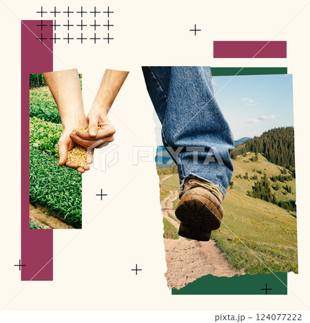 Farmer sowing seeds, boot stepping on rural land, abstract elements. Contemporary art collage. Concept of agriculture, farming 124077222