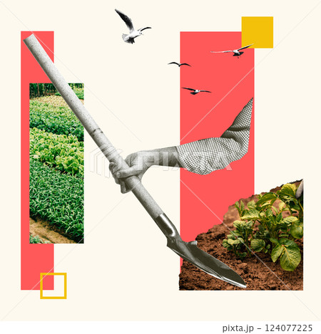 Hand with shovel, working on farmland, flying birds overhead. Contemporary art collage. Concept of sustainable farming, agriculture, Hand with shovel, working on farmland, flying birds overhead. Contemporary art collage. Concept of sustainable farming, agriculture, 124077225