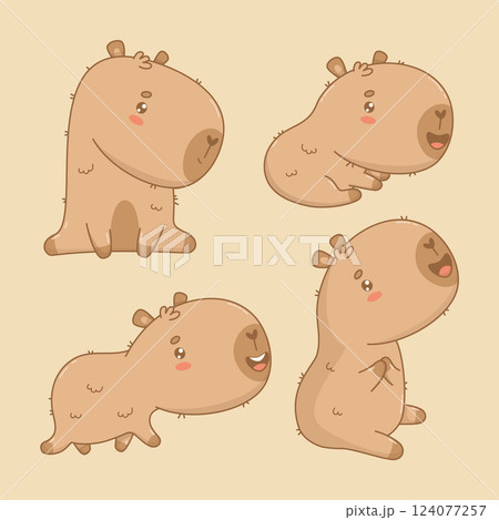 Cute Capybara collection. Isolated funny character cartoon kawaii character. Vector illustration. 124077257