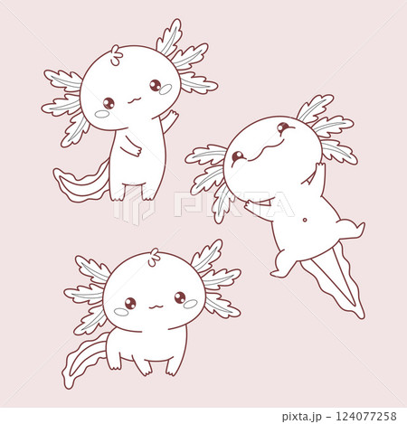 Outline cute Axolotl set. Isolated Little cartoon kawaii character. Line drawing, coloring book. Vector illustration. Kids collection. 124077258