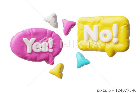 3D glossy inflated balloon speech bubble with No and Yes words vector icons, air chatting box disagree and agree symbols 3D glossy inflated balloon speech bubble with No and Yes words vector icons, air chatting box disagree and agree symbols 124077346