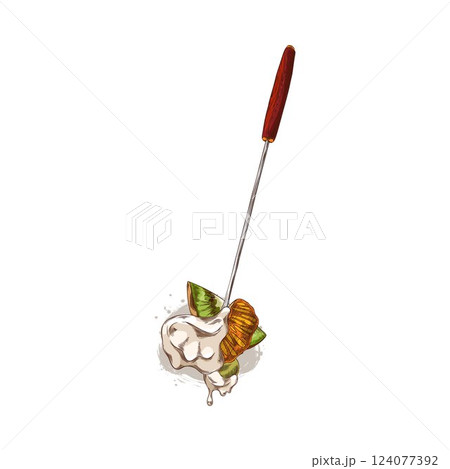 Tangerine and kiwi slices on the skewer with melted chocolate hand drawn vector illustration, sweet snack fondue dessert 124077392