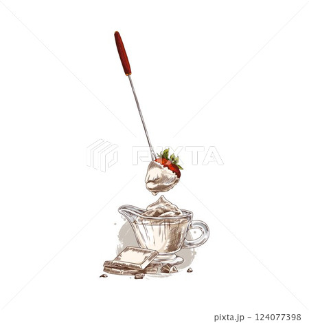 Strawberry with melted white chocolate on the skewer hand drawn vector illustration, fondue dessert dish sketch Strawberry with melted white chocolate on the skewer hand drawn vector illustration, fondue dessert dish sketch 124077398