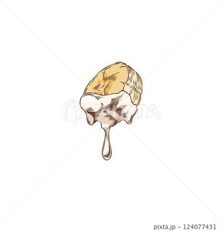 Slice of banana in melted white chocolate hand drawn vector illustration, tropical fruit piece in dripping cheese sketch 124077431