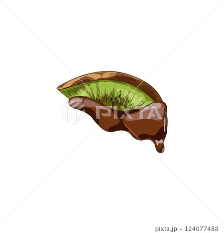 Slice of kiwi in melted dark chocolate hand drawn vector illustration, fruit piece in dripping cheese sketch, fondue Slice of kiwi in melted dark chocolate hand drawn vector illustration, fruit piece in dripping cheese sketch, fondue 124077488