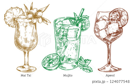 set of alcoholic cocktails, vector illustration in sketch style	 124077548