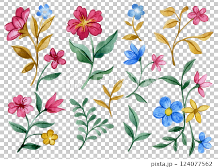 Watercolor set with bright wild flowers and branches 124077562