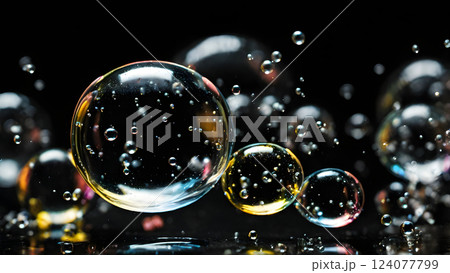 Beautiful transparent soap bubbles on dark background 124077799