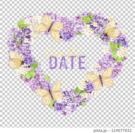 Romantic heart shaped lilac wreath with white butterflies. Spring flowers frame. Wedding greeting card template. Save the date. Romantic heart shaped lilac wreath with white butterflies. Spring flowers frame. Wedding greeting card template. Save the date. 124077832