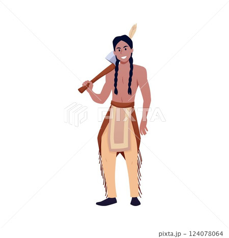 Native American Indian man in ethnic clothing with axe, vector cartoon tribal aborigine warrior or hunter with weapon 124078064