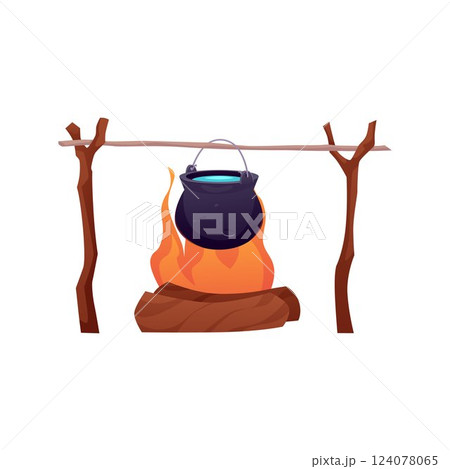 Vector illustration of iron cauldron with water hanging on wooden sticks over campfire. 124078065