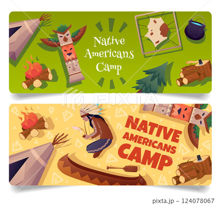Vector banner set with wigwam, canoe, indian, campfire, totem, map, trees, native americans. 124078067