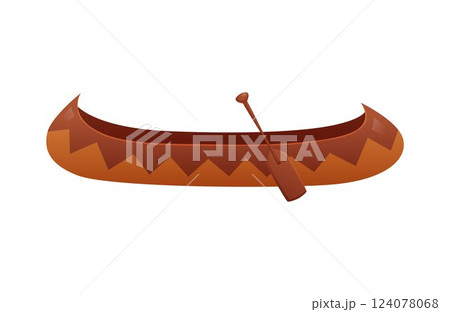 Wooden boat with paddle, Native American Indian small ship, old vessel vector flat icon, cartoon tribal water transport 124078068