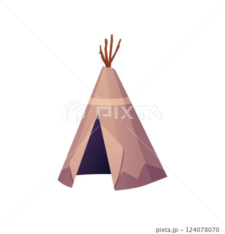 Native American traditional teepee vector flat icon, cartoon wigwam, tribal hut cone shape, aboriginal home leather tent 124078070